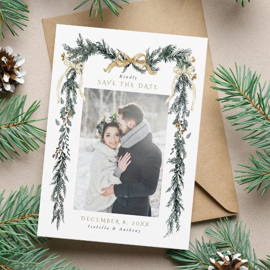 Winter Greenery Garland Wedding Photo Gold & Green Save The Date