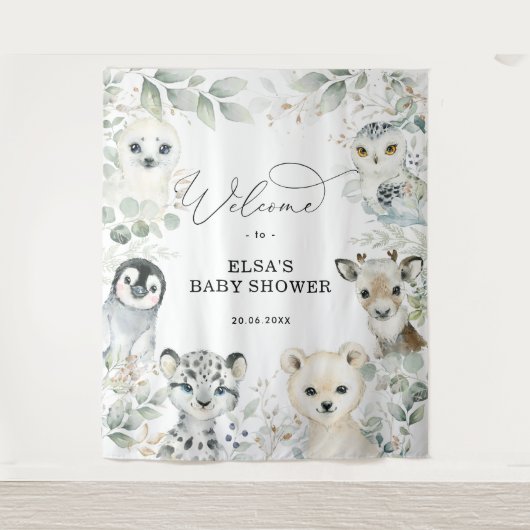 Winter Greenery Gold Arctic Animals Baby Welkom Wandkleed (Voorkant)