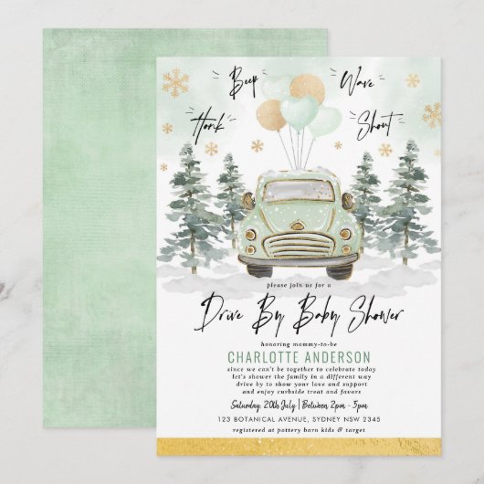 Winter Greenery Gold drive door Baby shower parade Kaart (Voorkant / Achterkant)