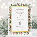 Winter Greenery Gold Foil Wedding Invitations Folie Uitnodiging<br><div class="desc">Deze echte gouden folie wintervakantie huwelijksuitnodiging is voorzien van met de hand geschilderde waterverf groen en pinecones die een prachtig lijst zijn. De tekst is bruin en de achtergrond is wit. De achterkant bevat een stijlvolle overeenkomende bouquet. Zoek overeenkomende objecten in het collectie Pinecone en Greenery Kerstfeestdag.</div>