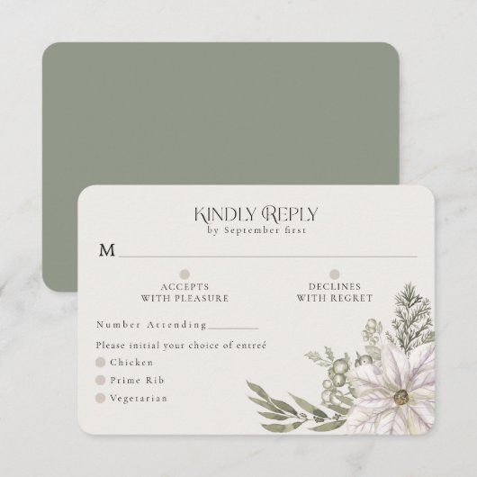 Winter Greenery Green Moss RSVP Card Meal Options (Voorkant / Achterkant)