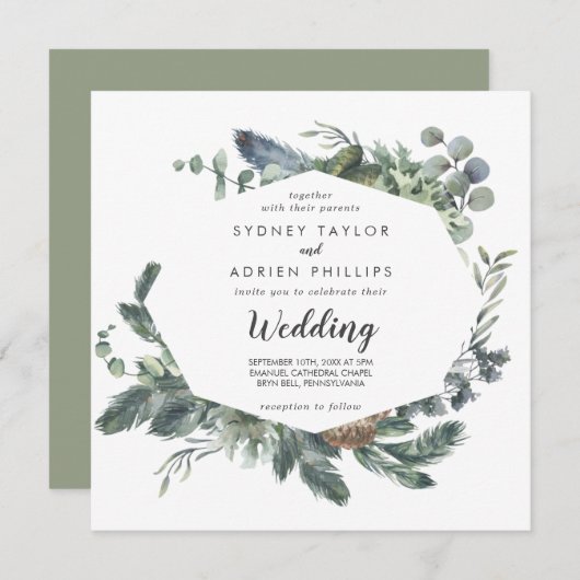 Winter Greenery Informal Wedding Invitation Kaart (Voorkant / Achterkant)