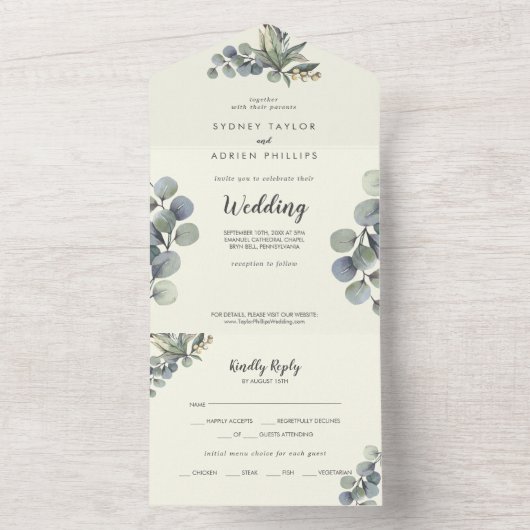 Winter Greenery | Ivoor Eucalyptus Weddenschap All In One Uitnodiging (Binnen)