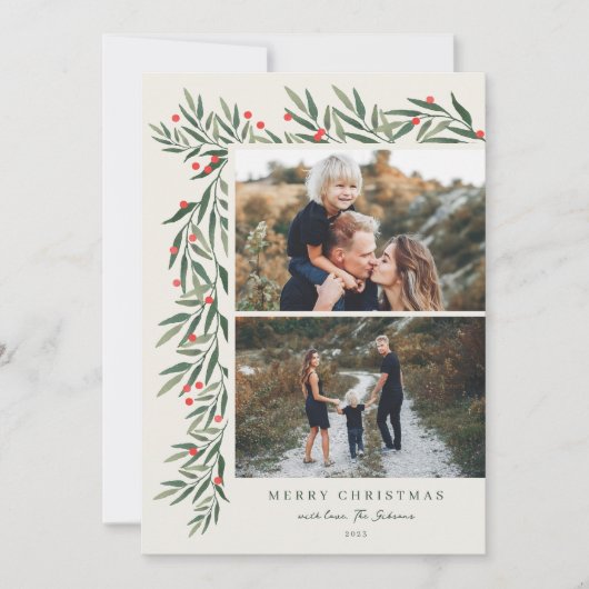 Winter Greenery Ivory 2 Foto Kerstmis Feestdagenkaart (Voorkant)