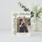 Winter Greenery Ivory Foto Kerstmis Feestdagenkaart (Staand voorkant)