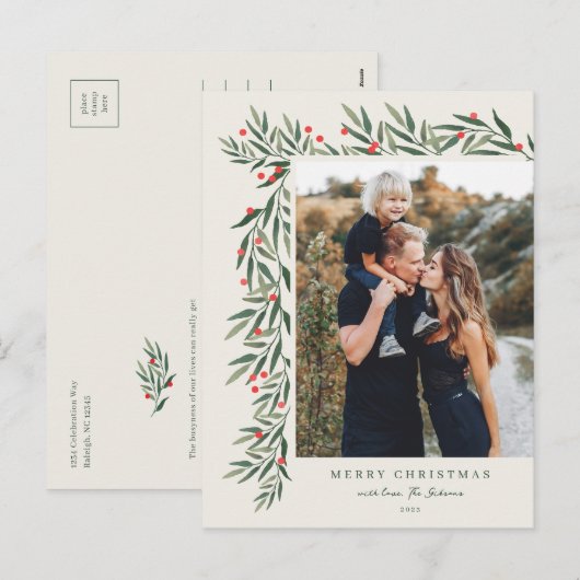 Winter Greenery Ivory Foto Kerstmis Feestdagenkaart (Voorkant / Achterkant)