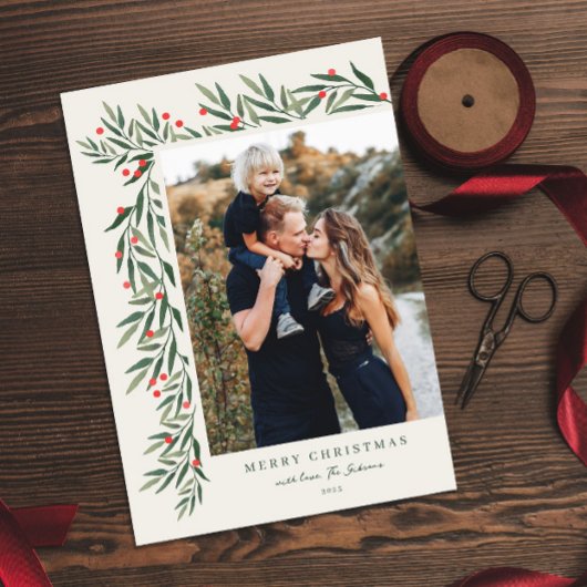 Winter Greenery Ivory Foto Kerstmis Feestdagenkaart