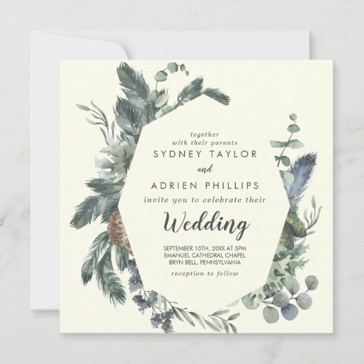 Winter Greenery | Ivory Front and Back Wedding Kaart (Voorkant)