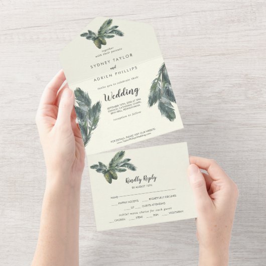 Winter Greenery | Ivory Wedding All In One Uitnodiging (Afscheurbaar)