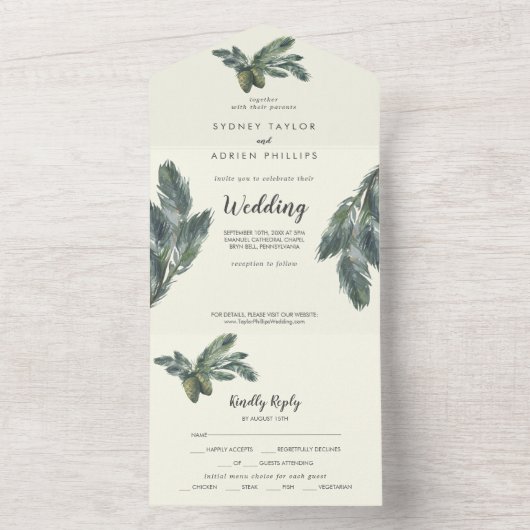Winter Greenery | Ivory Wedding All In One Uitnodiging (Binnen)