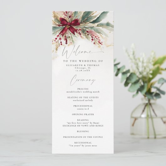 Winter Greenery Kerst Red Bow Wedding Programma (Staand voorkant)