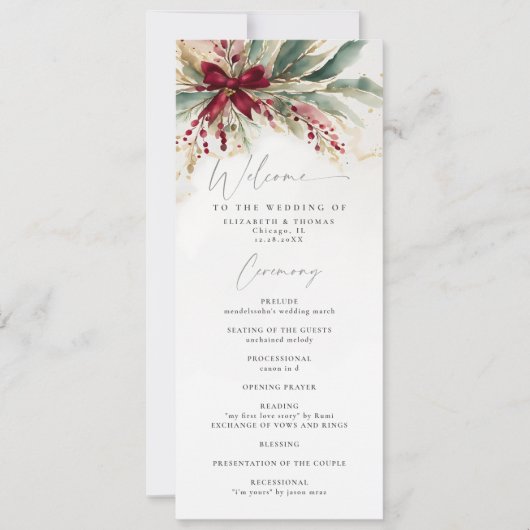 Winter Greenery Kerst Red Bow Wedding Programma (Voorkant)