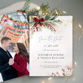 Winter Greenery Kerst Red Bow Wedding Save The Date