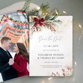 Winter Greenery Kerst Red Bow Wedding Save The Date