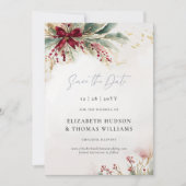 Winter Greenery Kerst Red Bow Wedding Save The Date (Voorkant)