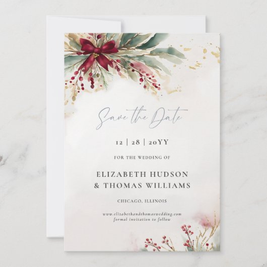 Winter Greenery Kerst Red Bow Wedding Save The Date (Voorkant)