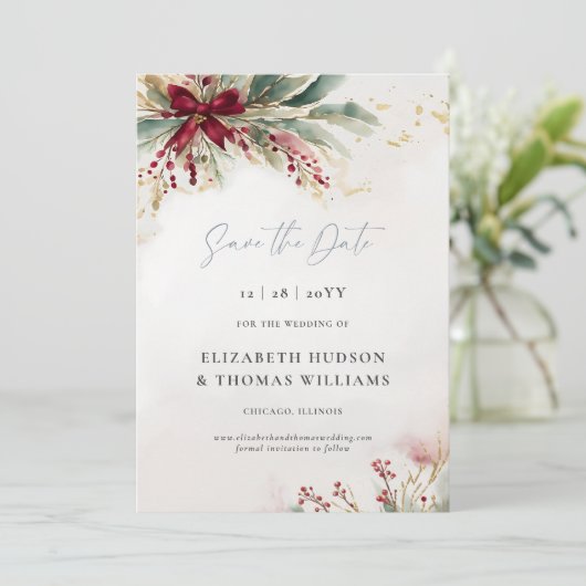 Winter Greenery Kerst Red Bow Wedding Save The Date (Staand voorkant)