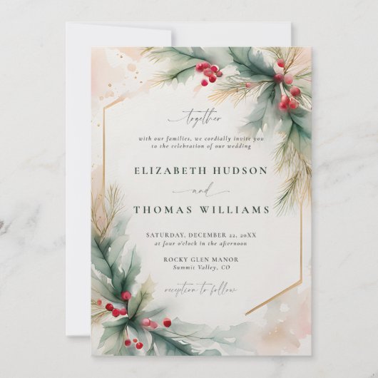 Winter Greenery Kerst Rood Elegante bruiloft Kaart (Voorkant)