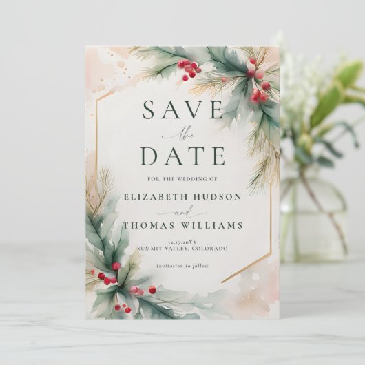 Winter Greenery Kerst Rood Elegante bruiloft Save The Date (Staand voorkant)