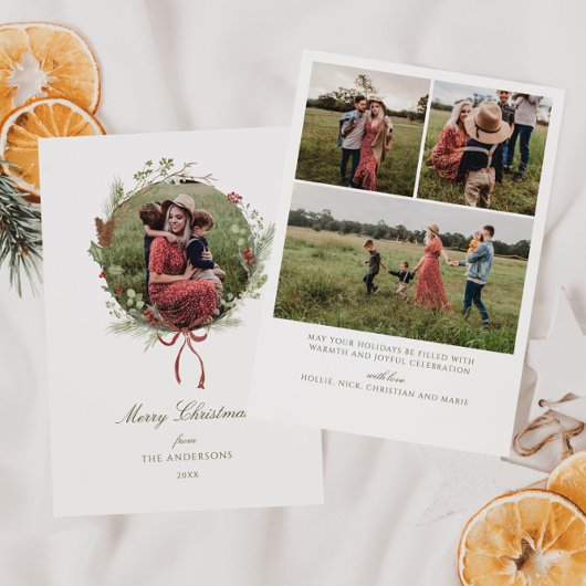 Winter Greenery Krans Red Bow Foto Feestdagenkaart