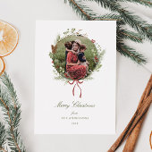 Winter Greenery Krans Red Bow Foto Feestdagenkaart