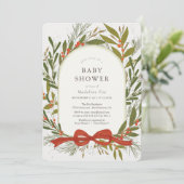 Winter Greenery Krans Red Bow Girl Baby shower Kaart (Staand voorkant)