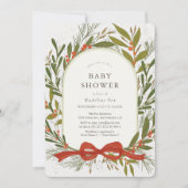 Winter Greenery Krans Red Bow Girl Baby shower Kaart (Voorkant)