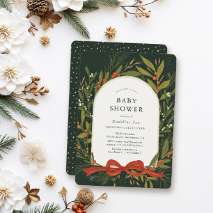 Winter Greenery Krans Red Bow Green Baby shower Kaart