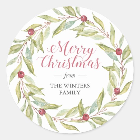 Winter Greenery Leaves Berries Wreate Kerstmis Ronde Sticker (Voorkant)