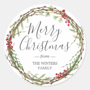 Winter Greenery Leaves Berries Wreate Kerstmis Ronde Sticker