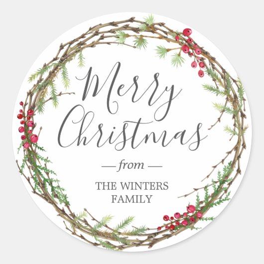 Winter Greenery Leaves Berries Wreate Kerstmis Ronde Sticker (Voorkant)