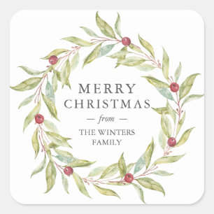 Winter Greenery Leaves Berries Wreate Kerstmis Vierkante Sticker