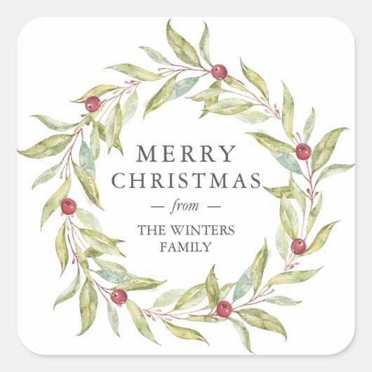 Winter Greenery Leaves Berries Wreate Kerstmis Vierkante Sticker (Voorkant)