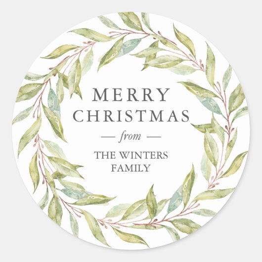 Winter Greenery Leaves Wreate Kerstmis Ronde Sticker (Voorkant)