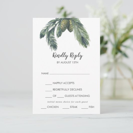Winter Greenery Menu Choice Wedding RSVP Card (Staand voorkant)