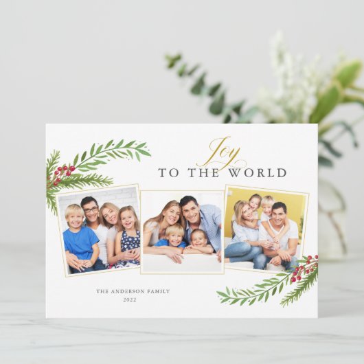 Winter Greenery Minimal 3 Photo Joy To The World Feestdagenkaart (Staand voorkant)