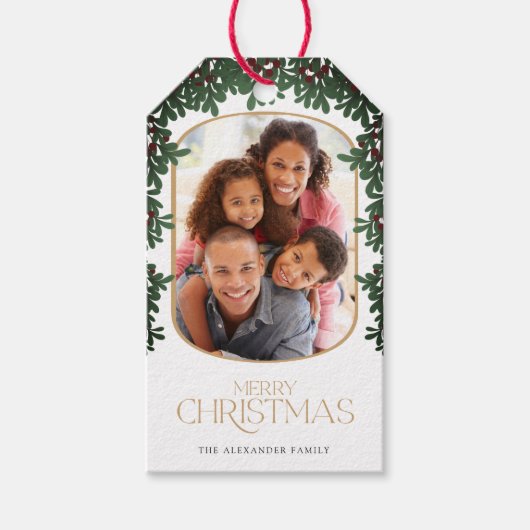 Winter Greenery Mistletoe Afgeronde Foto Kerstmis Cadeaulabel (Voorkant)