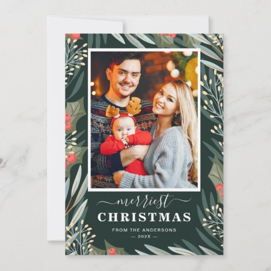 Winter Greenery Mistletoe Merriest Kerstfoto Feestdagenkaart (Voorkant)