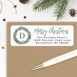 Winter Greenery Monogram WreatReturn Address Etiket
