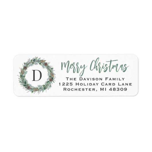 Winter Greenery Monogram WreatReturn Address Etiket (Voorkant)