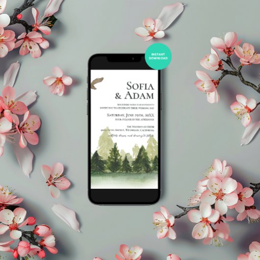 Winter Greenery Mountain Pine Trees Wedding Kaart