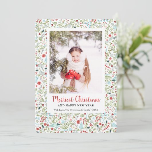 Winter Greenery Pattern Merriest Kerstfoto Feestdagenkaart (Staand voorkant)