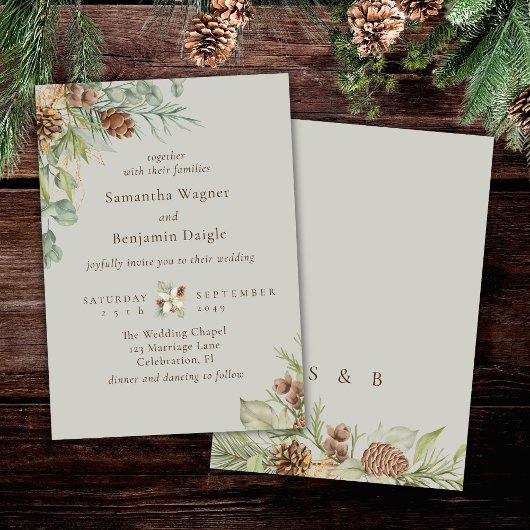 Winter Greenery Pine Beige Elegante bruiloft Kaart