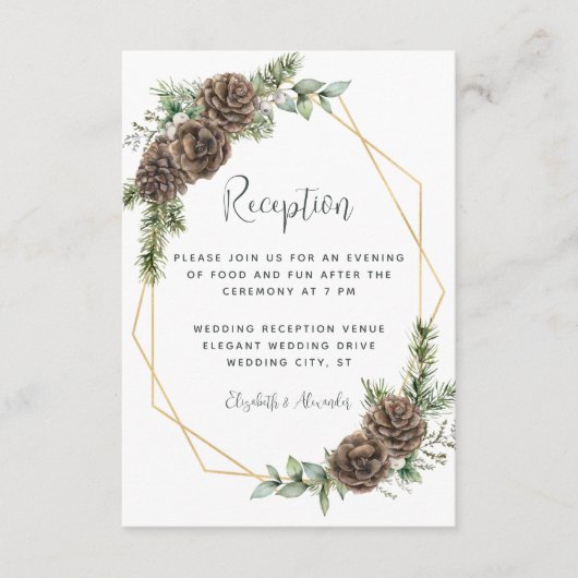 Winter Greenery Pine Cone Wedding Reception Informatiekaartje (Voorkant)