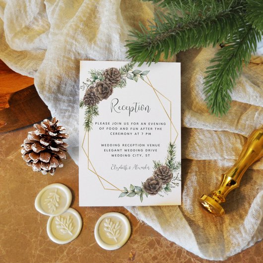 Winter Greenery Pine Cone Wedding Reception Informatiekaartje
