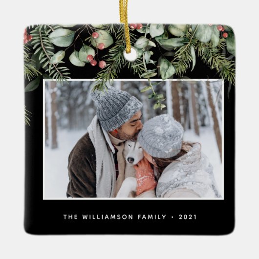 Winter Greenery | Pine en Berries 2 Fotovakantie Keramisch Ornament (Voorkant)