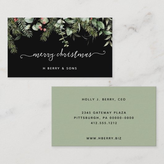 Winter Greenery Pine en Berries Holiday Visitekaartje (Voorkant / Achterkant)