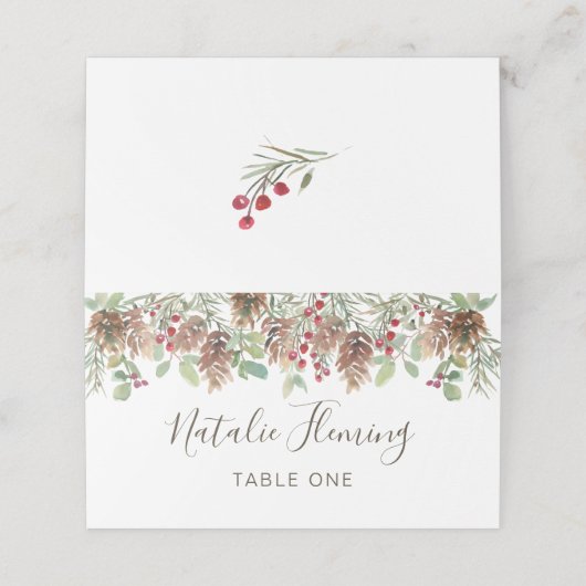 Winter Greenery Pine Red Berry kerstbruiloft Plaatskaartje (Buitenkant ongevouwen)