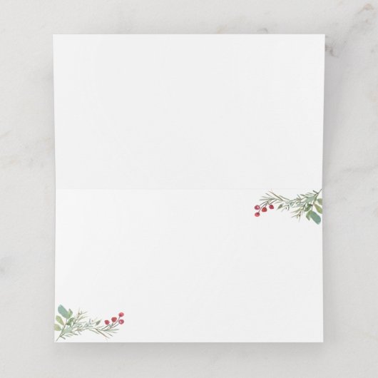 Winter Greenery Pine Red Berry kerstbruiloft Plaatskaartje (Binnenkant ongevouwen)