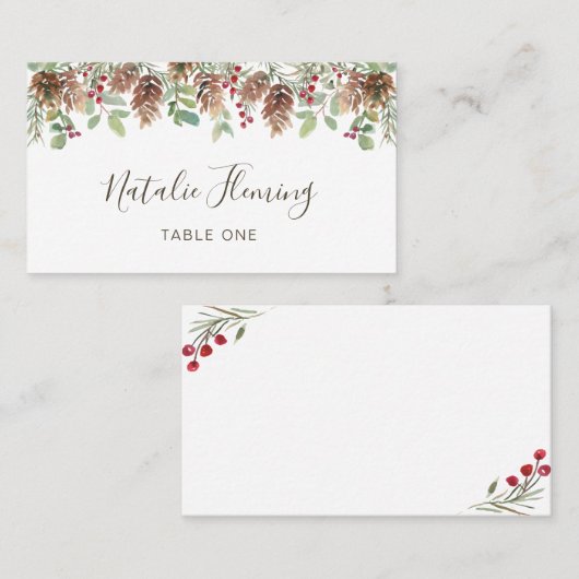 Winter Greenery Pine Red Berry Wedding Place Card Plaatskaartje (Voorkant / Achterkant)